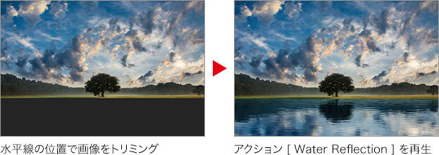 水平線の位置で画像をトリミング → アクション [ Water Reflection ] を再生