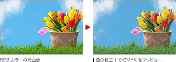RGBカラーの元画像→[色の校正]でCMYKをプレビュー