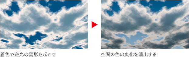 着色で逆光の雲形を起こす → 空間の色の変化を演出する