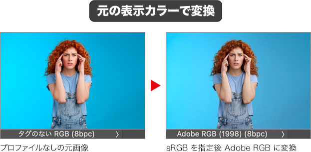 プロファイルなしの元画像・sRGBを指定後Adobe-RGBに変換
